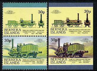 Bernera 1983 Locomotives #2 (Dublin & Kingstown Railway) 30p se-tenant pair with red omitted plus imperf pair as normal unmounted mint, stamps on railways