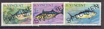 St Vincent 1975-76 Fish the 3 values issued in 1976 (15c, 70c & 90c) opt'd SPECIMEN unmounted mint, as SG 431 & 438-9, stamps on fish