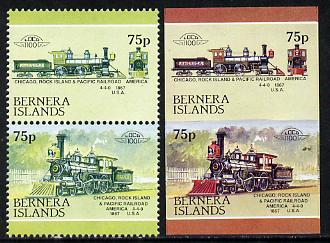 Bernera 1983 Locomotives #2 (Chicago, Rock Island & Pacific Railroad) 75p se-tenant pair with red omitted plus imperf pair as normal unmounted mint, stamps on railways
