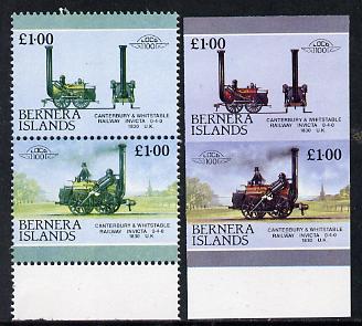 Bernera 1983 Locomotives #2 (Canterbury & Whitstable Rly) \A31 se-tenant pair with red omitted plus imperf pair as normal unmounted mint, stamps on railways