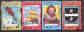 St Kitts 1985 Christmas (Sir Francis Drake) set of 4 optd SPECIMEN, the 40c with opt misplaced (reading IMEN    SPEC) unmounted mint as SG 181-84*, stamps on christmas, stamps on explorers, stamps on maps, stamps on personalities, stamps on ships, stamps on bowls, stamps on drake