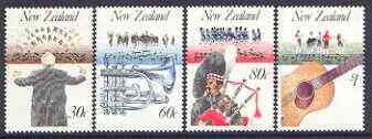 New Zealand 1986 Music in NZ set of 4 unmounted mint SG 1407-10, stamps on music, stamps on bagpipes, stamps on guitar, stamps on cornet, stamps on scots, stamps on scotland