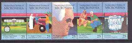 Micronesia 1990 25th Anniversary of Pohnpei Agriculture & Trade School horiz strip of 5 unmounted mint SG 190a, stamps on education, stamps on agriculture, stamps on tractors