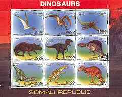 Somalia 2000 Dinosaurs #1 perf sheetlet containing set of 9 values unmounted mint, stamps on dinosaurs
