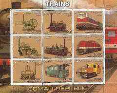 Somalia 2000 Early Trains perf sheetlet containing set of 9 values unmounted mint, stamps on railways