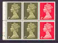 Great Britain 1967-70 Machin 1d/4d vermilion se-tenant booklet pane of 6 with cyl nos F4 N5, perfs trimmed , stamps on xxx