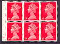 Great Britain 1967-70 Machin 4d vermilion (centre band) booklet pane of 6 with cyl no N1, perfs trimmed, stamps on 