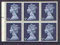 Great Britain 1967-70 Machin 5d blue booklet pane of 6 with cyl no N1, perfs trimmed, stamps on 