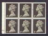 Great Britain 1967-70 Machin 4d sepia (two band) booklet pane of 6 with cyl no N2, reasonable perfs, stamps on 