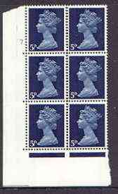 Great Britain 1967-70 Machin 5d cylinder block of 6 (Cyl 7 dot) unmounted mint, stamps on 