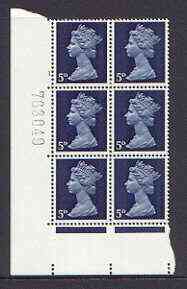Great Britain 1967-70 Machin 5d cylinder block of 6 (Cyl 1 no dot) unmounted mint, stamps on 