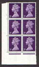 Great Britain 1967-70 Machin 3d (centre band) cylinder block of 6 (Cyl 3 dot) unmounted mint, stamps on 