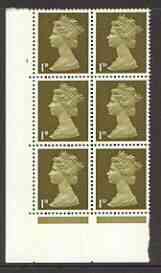 Great Britain 1967-70 Machin 1d cylinder block of 6 (Cyl 4 dot) unmounted mint, stamps on 