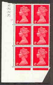 Great Britain 1967-70 Machin 4d vermilion cylinder block of 6 (Cyl 17 no dot) unmounted mint, stamps on 