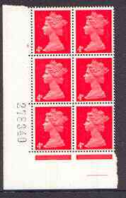 Great Britain 1967-70 Machin 4d vermilion cylinder block of 6 (Cyl 4 no dot) unmounted mint, stamps on 