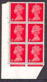 Great Britain 1967-70 Machin 4d vermilion cylinder block of 6 (Cyl 4 dot) unmounted mint, stamps on 