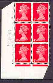 Great Britain 1967-70 Machin 4d vermilion cylinder block of 6 (Cyl 13 no dot) unmounted mint, stamps on 