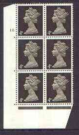 Great Britain 1967-70 Machin 4d sepia (two bands) cylinder block of 6 (Cyl 12 dot) unmounted mint, stamps on 