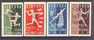 Lithuania 1938 Scouts & Guides National Camp opt on Olympiad Fund set of 4 unmounted mint, SG 424-27, stamps on scouts, stamps on guides, stamps on olympics, stamps on archery, stamps on javelin, stamps on diving, stamps on running