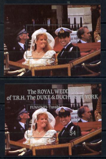 Tuvalu - Funafuti 1986 Royal Wedding (Andrew & Fergie) $4 perf m/sheet with silver omitted (inscription, value & Country) plus normal opt'd SPECIMEN unmounted mint, stamps on , stamps on  stamps on royalty, stamps on  stamps on andrew, stamps on  stamps on fergie, stamps on  stamps on , stamps on  stamps on police