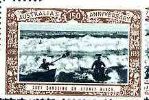 Australia 1938 Surf Canoeing, Poster Stamp from Australia's 150th Anniversary set, unmounted mint, stamps on surfing, stamps on canoes