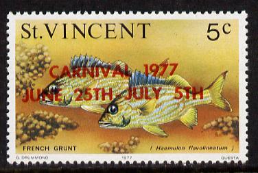 St Vincent 1977 Fish 5c with red Carnival overprint error (SG 531a), stamps on fish     marine-life