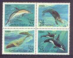 United States 1990 Marine Mammals se-tenant block of 4 unmounted mint, SG 2545a, stamps on animals, stamps on mammals, stamps on dolphins, stamps on marine life, stamps on whales, stamps on otters, stamps on 