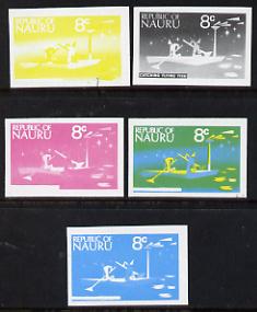 Nauru 1973 Catching Flying Fish 8c definitive (SG 105) set of 5 unmounted mint IMPERF progressive proofs on gummed paper (blue, magenta, yelow, black and blue & yellow), stamps on fish     marine-life