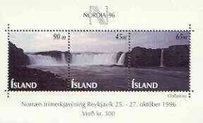 Iceland 1996 Nordia 96 m/sheet containing se-tenant strip of 3 Waterfalls, unmounted mint, stamps on waterfalls, stamps on stamp exhibitions