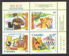 Canada 1996 Winnie the Pooh se-tenant block of 4 SG 1701-04 (Double sheetlet of 16 used as cover for Winnie the Pooh booklet available, price x 4), stamps on , stamps on  stamps on literature, stamps on children, stamps on  stamps on teddy bears, stamps on disney, stamps on honey, stamps on bees, stamps on insects