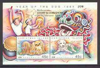 Christmas Island 1994 Chinese New Year - Year of the Dog m/sheet unmounted mint SG MS 388 optd for Melbourne Stamp & Coin Show, stamps on dogs, stamps on stamp exhibitions, stamps on lunar, stamps on lunar new year