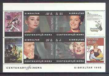 Gibraltar 1995 Centenary of the Cinema m/sheet #1 (Marilyn, R Schneider, Y Montand & A Hepburn) unmounted mint SG MS 756a, stamps on cinema, stamps on films, stamps on entertainments, stamps on marilyn monroe
