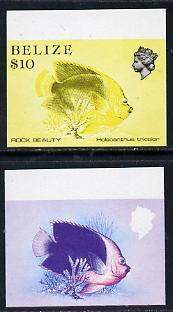 Belize 1984-88 Rock Beauty $10 def imperf progressive marginal proofs in red & blue and yellow & black, 2 proofs unmounted mint as SG 781, stamps on fish     marine-life