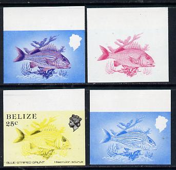 Belize 1984-88 Blue-striped Grunt 25c def imperf progressive proofs in blue, red, red & blue and yellow & black, 4 proofs unmounted mint as SG 774, stamps on fish     marine-life