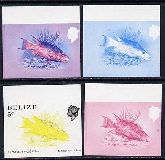 Belize 1984-88 Hogfish 5c def imperf progressive marginal proofs in blue, red, red & blue and yellow & black, 4 proofs unmounted mint as SG 770, stamps on fish     marine-life