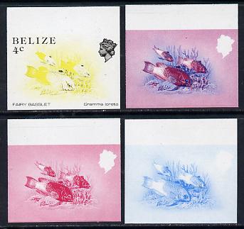Belize 1984-88 Fairy Basslet 4c def imperf progressive marginal proofs in blue, red, red & blue and yellow & black, 4 proofs unmounted mint as SG 769, stamps on fish     marine-life