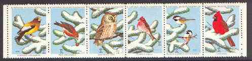 Cinderella - United States 1975 Christmas Seals from the National Wildlife Federation se-tenant strip of 6 (Birds), stamps on cinderella, stamps on christmas, stamps on birds, stamps on birds of prey, stamps on owls