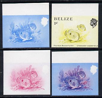 Belize 1984-88 Butterflyfish 1c def imperf progressive marginal proofs in blue, red, red & blue and yellow & black, 4 proofs unmounted mint, as SG 766, stamps on fish     marine-life