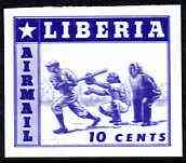 Liberia 1955 Baseball 10c imperf proof of blue printing only as SG 759 on ungummed paper (reverse shows red printing of 3c Tennis stamp SG 756), stamps on , stamps on  stamps on sport, stamps on tennis, stamps on baseball