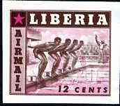 Liberia 1955 Swimming 12c imperf proof of brown only (as SG 760) superimposed with magenta printing of 10c Baseball stamp (SG 759) on ungummed paper, stamps on sport, stamps on swimming, stamps on baseball