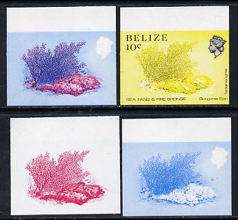 Belize 1984-88 Sea Fans & Fire Sponge 10c def imperf progressive marginal proofs in blue, red, red & blue and yellow & black, 4 proofs unmounted mintas SG 772, stamps on marine-life