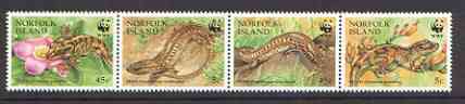 Norfolk Island 1997 WWF - Skinks & Geckos strip of 4 unmounted mint, SG 611a, stamps on wwf, stamps on animals, stamps on reptiles, stamps on  wwf , stamps on 