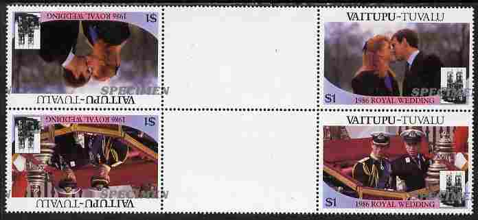 Tuvalu - Vaitupu 1986 Royal Wedding (Andrew & Fergie) $1 perf tete-beche inter-paneau gutter block of 4 (2 se-tenant pairs) overprinted SPECIMEN in silver (Italic caps 26..., stamps on royalty, stamps on andrew, stamps on fergie, stamps on 