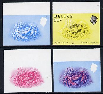 Belize 1984-88 Coral Crab 50c def imperf progressive marginal proofs in blue, red, red & blue and yellow & black, 4 proofs unmounted mint as SG 775, stamps on crabs   marine-life