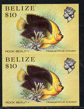 Belize 1984-88 Rock Beauty $10 def in unmounted mint imperf pair (SG 781), stamps on fish     marine-life
