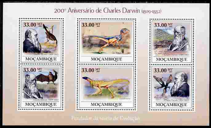 Mozambique 2009 200th Birth Anniversary of Charles Darwin perf sheetlet containing 6 vaues unmounted mint, stamps on personalities, stamps on science, stamps on animals, stamps on dinosaurs, stamps on darwin