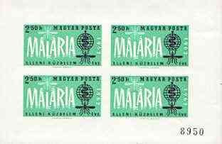 Hungary 1962 Malaria Eradication blue-green & black (imperf m/sheet) unmounted mint as SG MS 1816a, Mi BL 35B, stamps on medical, stamps on malaria, stamps on diseases, stamps on insects