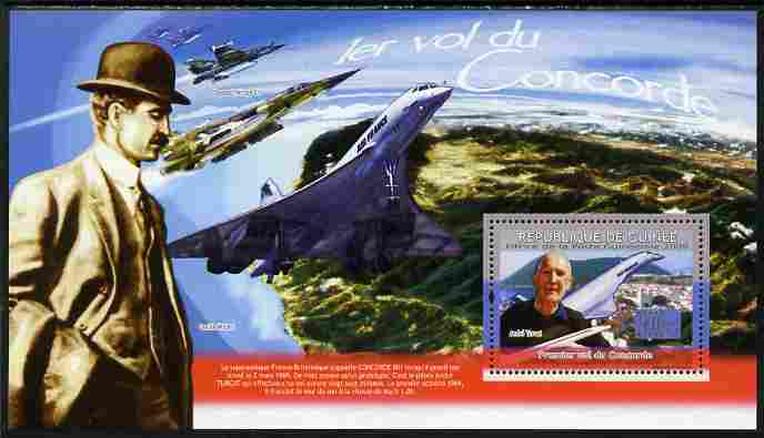 Guinea - Conakry 2009 First Flight of Concorde perf souvenir sheet unmounted mint, stamps on aviation, stamps on concorde, stamps on de gaulle, stamps on 