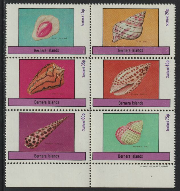 Bernera 1982 Shells (Money Cowrie) perf set of 6 values (15p to 75p) unmounted mint, stamps on banking  marine-life  shells   coins