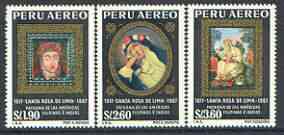 Peru 1967 Death Anniversary of St Rosa of Lima (Paintings) perf set of 3 unmounted mint, SG 938-40*, stamps on , stamps on  stamps on arts, stamps on saints